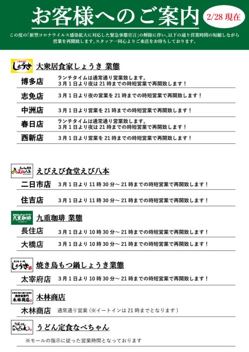 ç·Šæ€¥äº‹æ…‹å®£è¨€è§£é™¤ã«ä¼´ã†å–¶æ¥­å†é–‹ã«ã¤ã„ã¦ æœ¨æž—å•†åº—