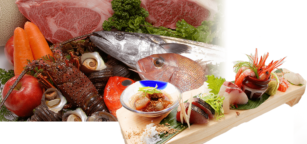画像:メロン、人参、脂身たっぷりの牛肉の塊、リンゴにサザエ、伊勢海老、サワラに鯛、
が所狭しと並んでいて、木の板の上に、新鮮でいろんな種類のお刺身が盛り付けられている。